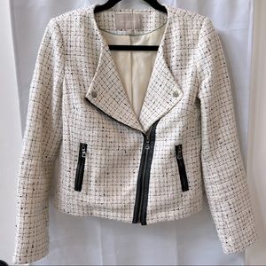 Banana Republic White Vegan Leather Trim Motorcycle Tweed Blazer 6